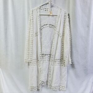Women's White Cottagecore Lace Feminine Romantic Open Front Woven Cardigan Lg